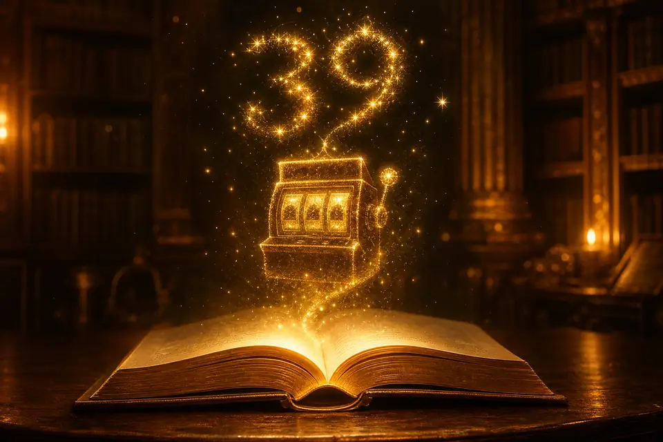 Ilustrasi buku panduan emas Slot39 yang terbuka dan memancarkan cahaya