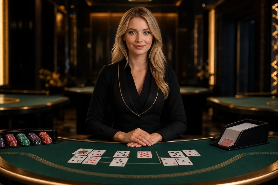 Dealer live casino profesional di meja baccarat dengan pencahayaan emas
