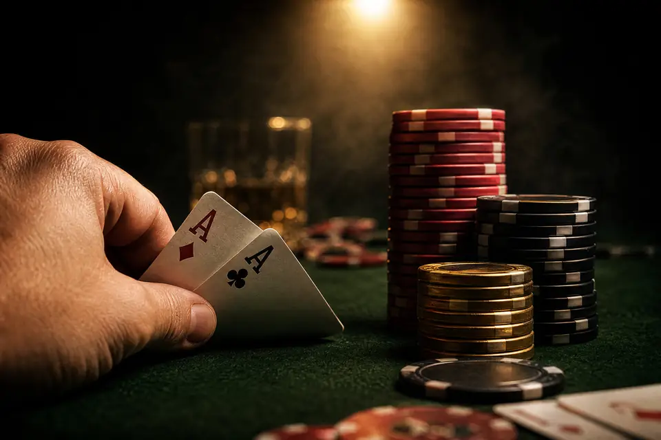 Sepasang kartu as dan tumpukan chip poker di atas meja hijau