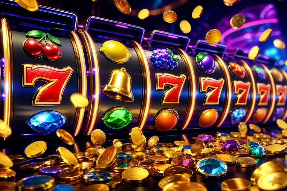 Deretan reel slot digital bercahaya dengan koin emas berjatuhan