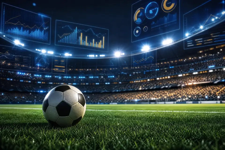 Stadion sepak bola malam hari dengan papan odds holografis