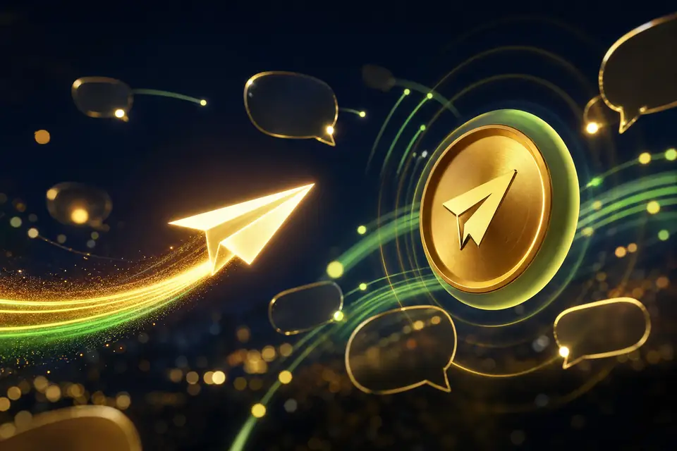 Pesawat kertas bercahaya terbang menuju ikon Telegram emas