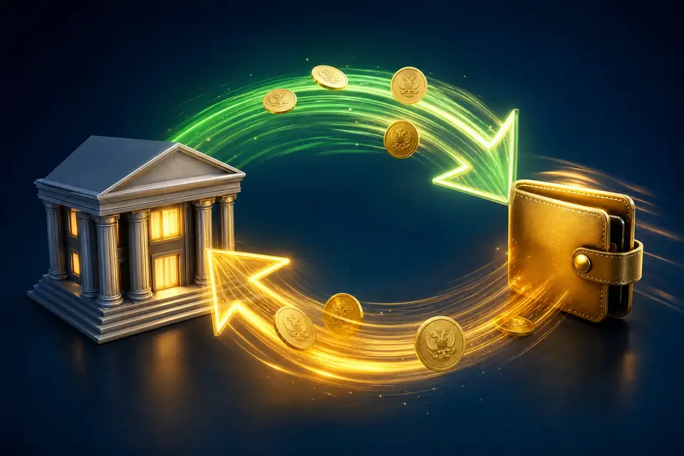 Ilustrasi arus dana antara bank dan dompet digital dengan koin emas