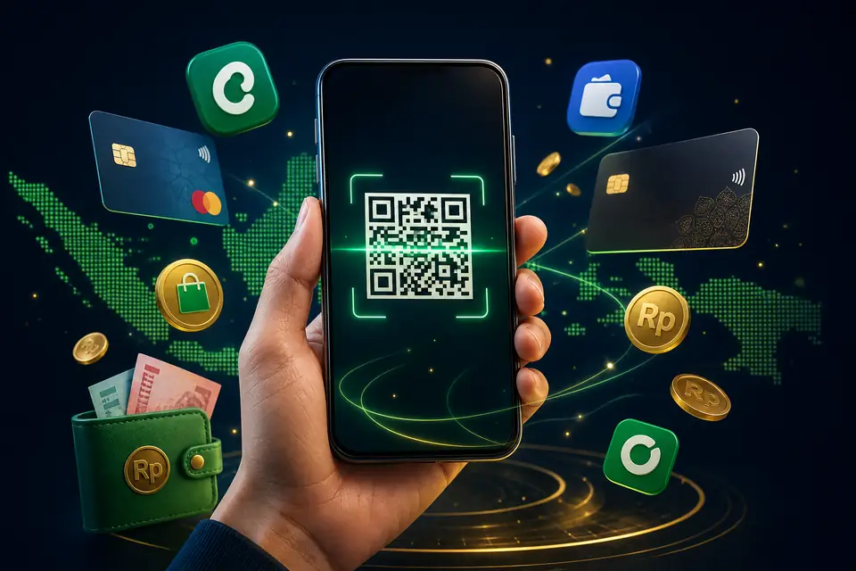 Ponsel dengan kode QRIS dikelilingi ikon dompet digital dan koin rupiah