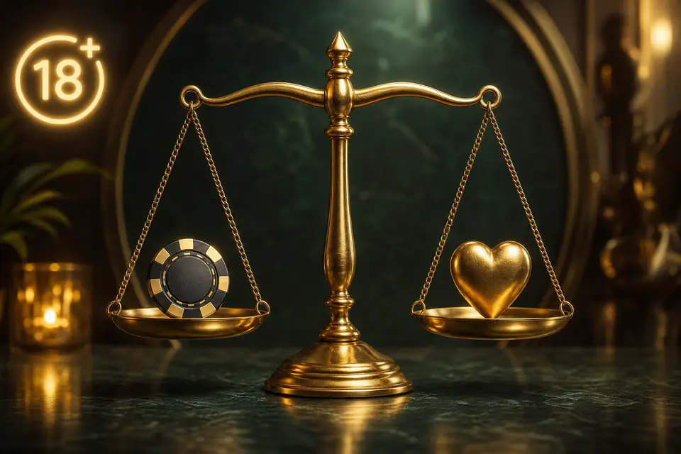 Timbangan emas menyeimbangkan chip kasino dan simbol hati